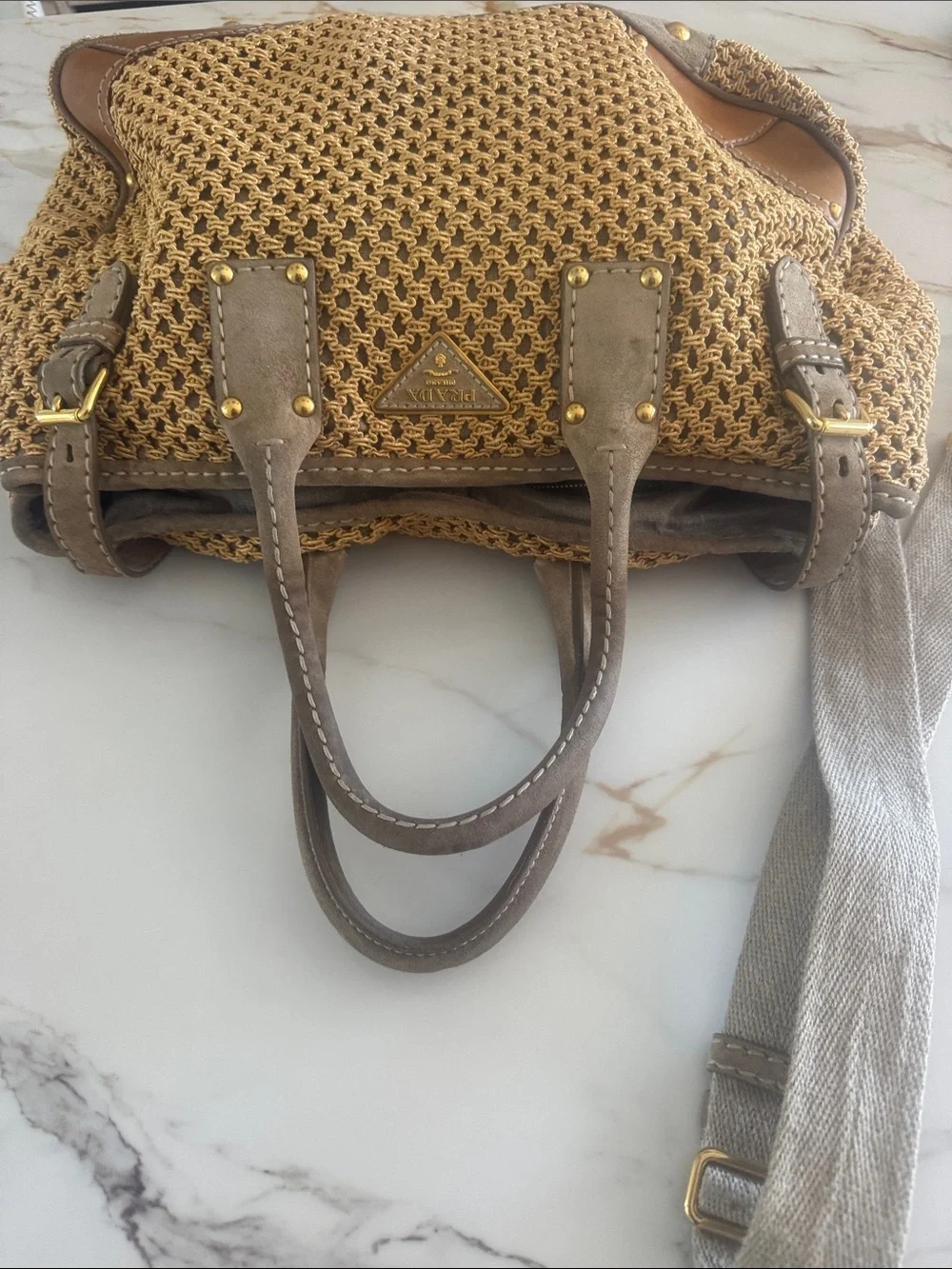 Prada Yellow Crochet Shoulder Bag with Taupe Leather Trim
